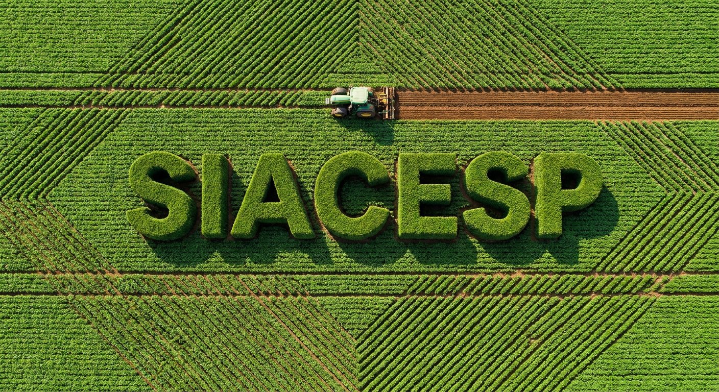 Vista aérea de lavoura formando a palavra SIACESP entre os talhões